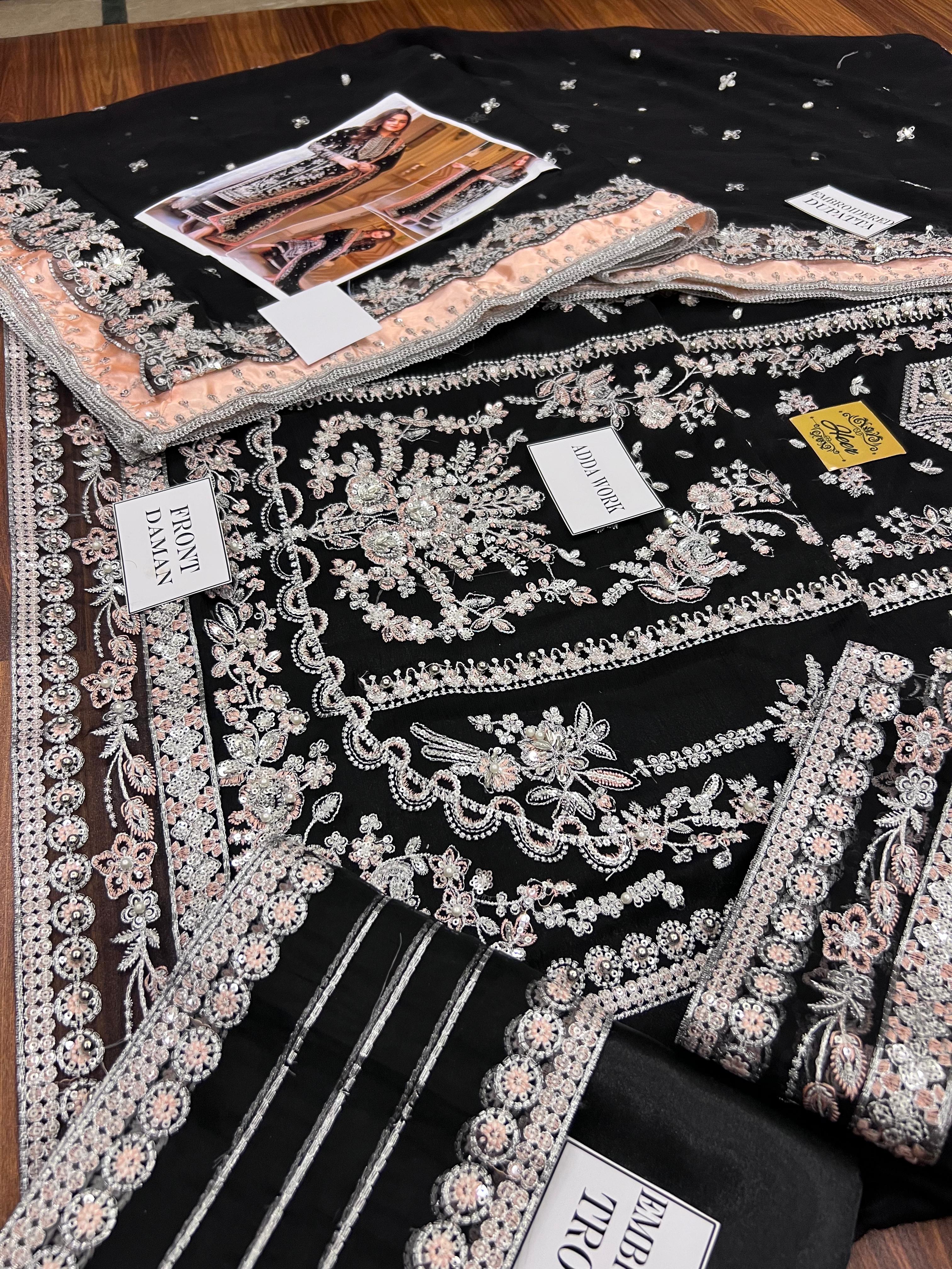 Aneela's Luxury Embroidered Chiffon Wedding Collection- Black With Chiffon Duppata