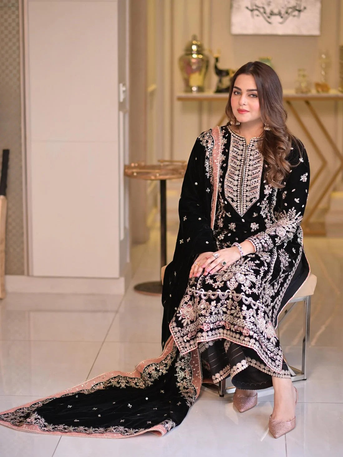 Aneela's Luxury Embroidered Chiffon Wedding Collection- Black With Chiffon Duppata