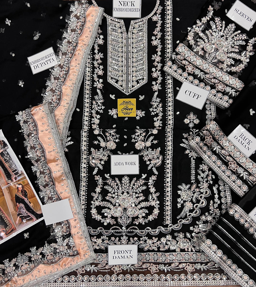 Aneela's Luxury Embroidered Chiffon Wedding Collection- Black With Chiffon Duppata