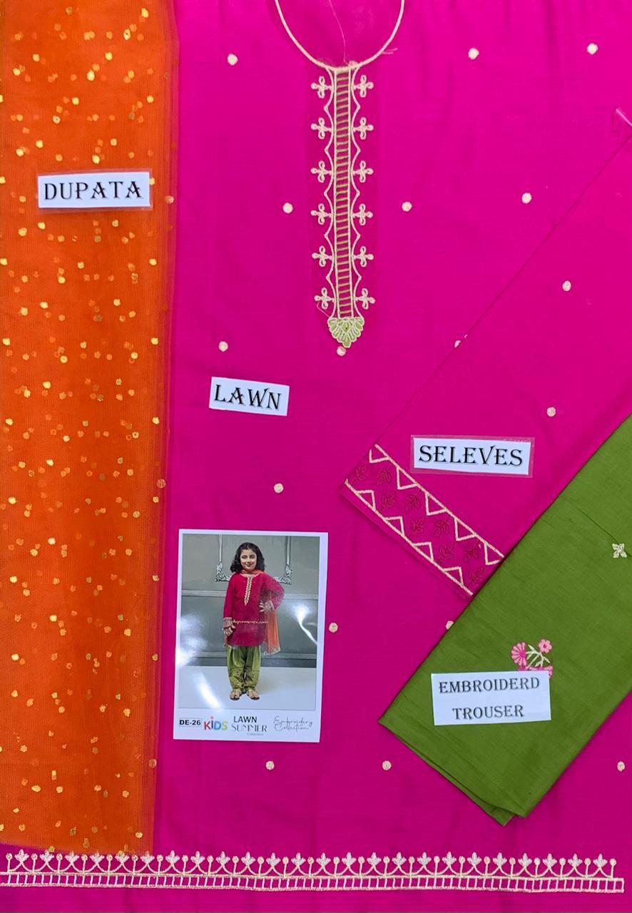 3PC Kids Girls Embroidered Suit (Shirt + Trouser + Dupatta)