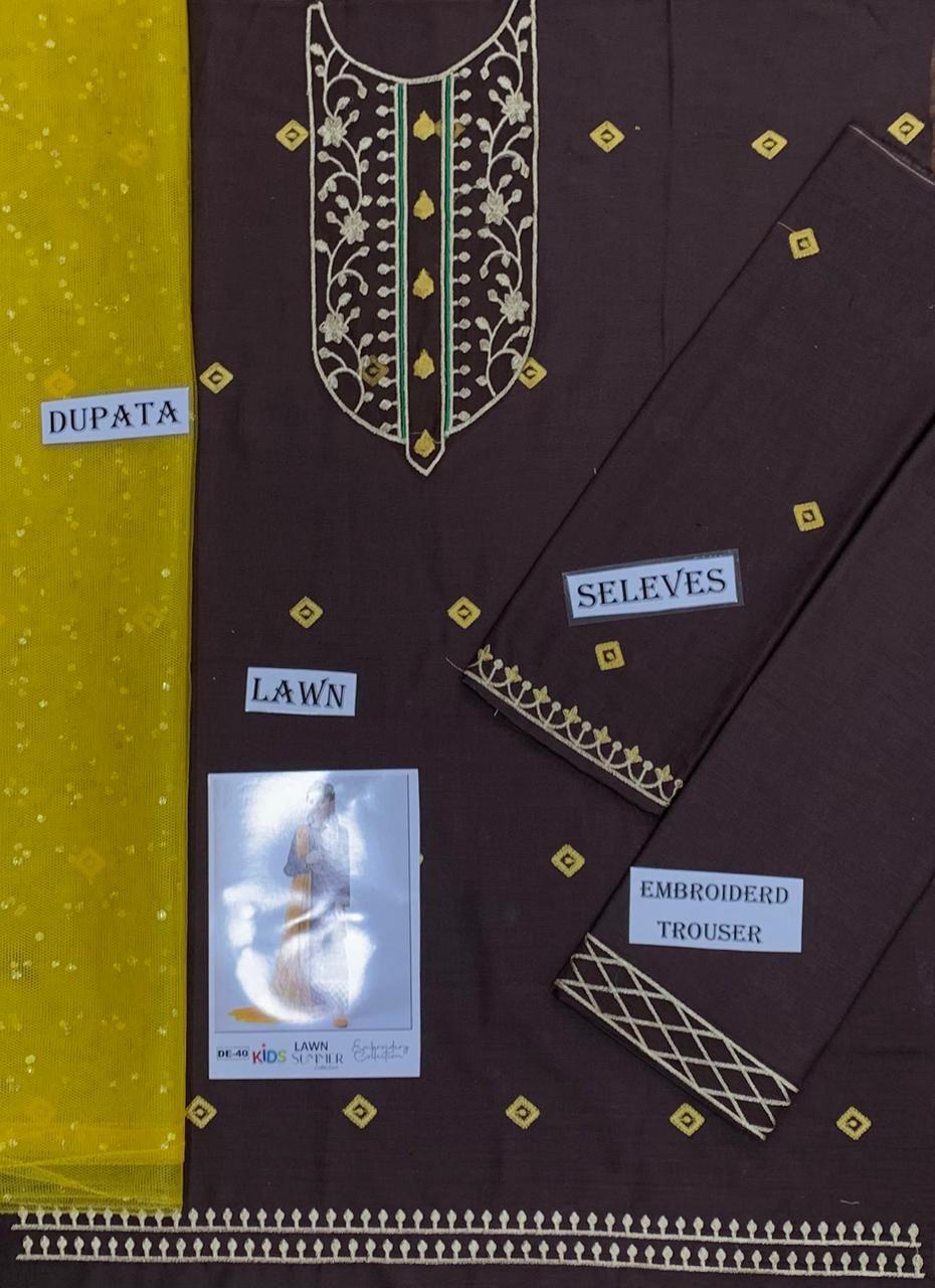 3PC Kids Girls Embroidered Suit (Shirt + Trouser + Dupatta)