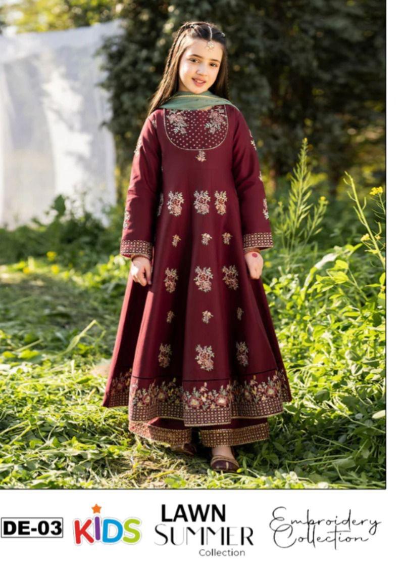 3PC Kids Girls Embroidered Suit (Shirt + Trouser + Dupatta)