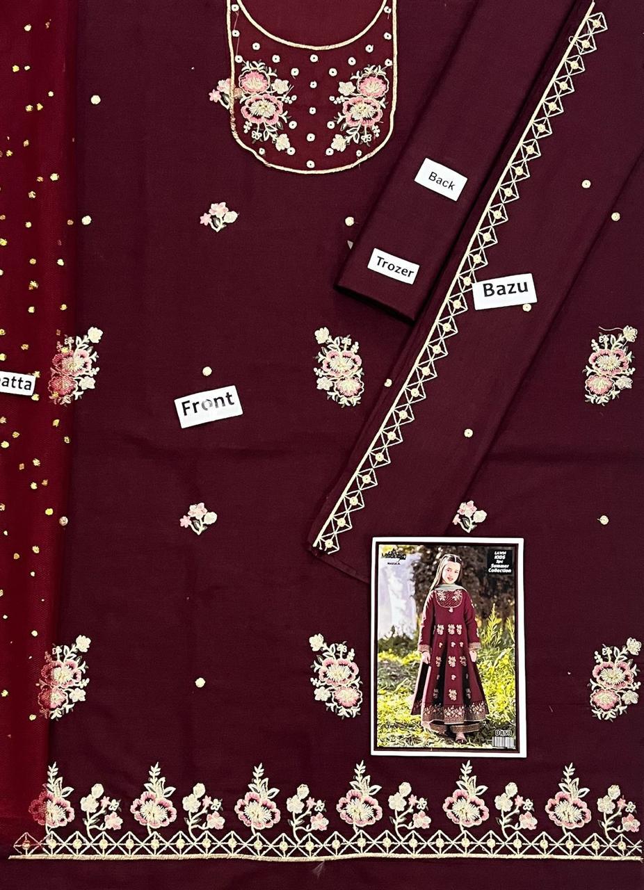 3PC Kids Girls Embroidered Suit (Shirt + Trouser + Dupatta)