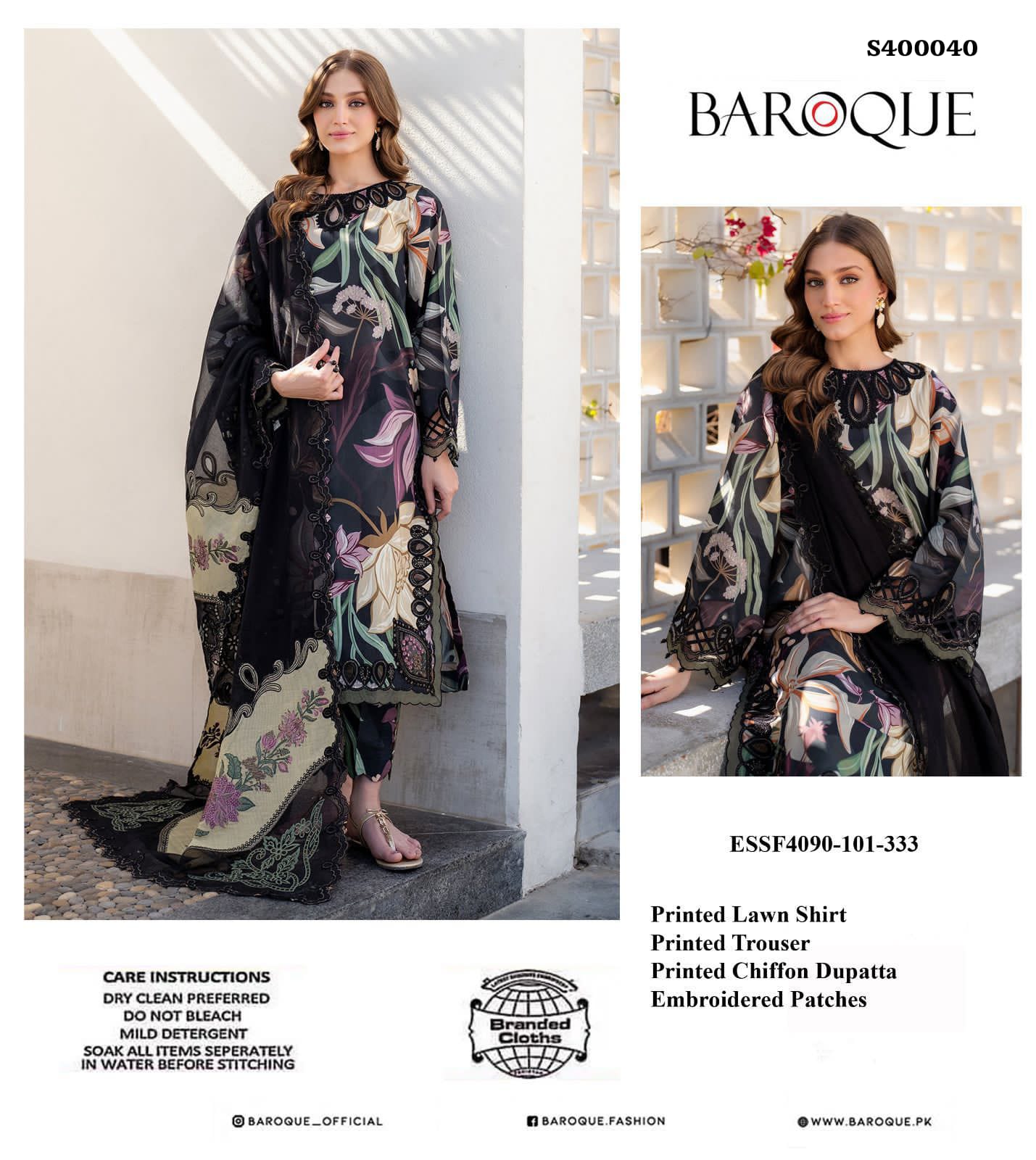 Baroque – Embroidered 3PC Lawn Suit with Chiffon Dupatta