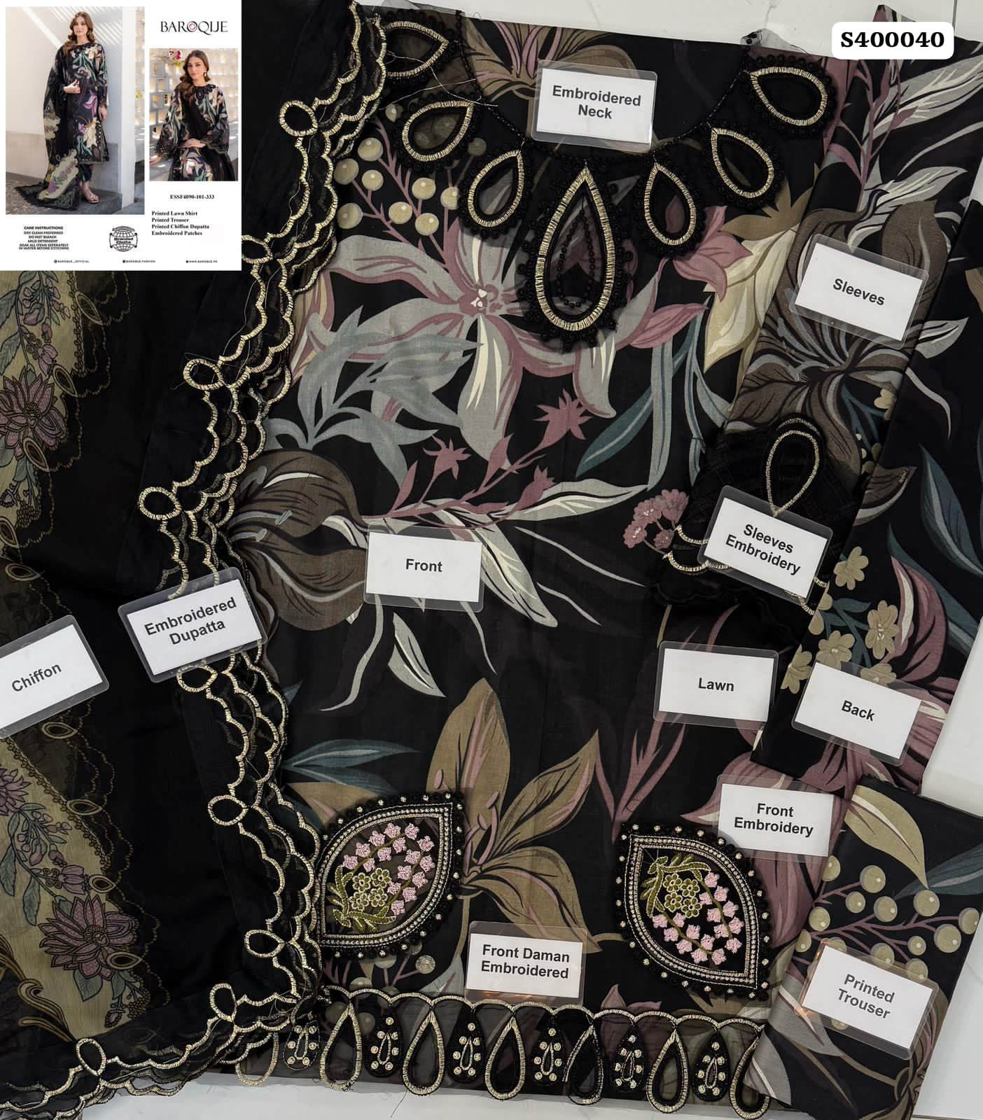 Baroque – Embroidered 3PC Lawn Suit with Chiffon Dupatta