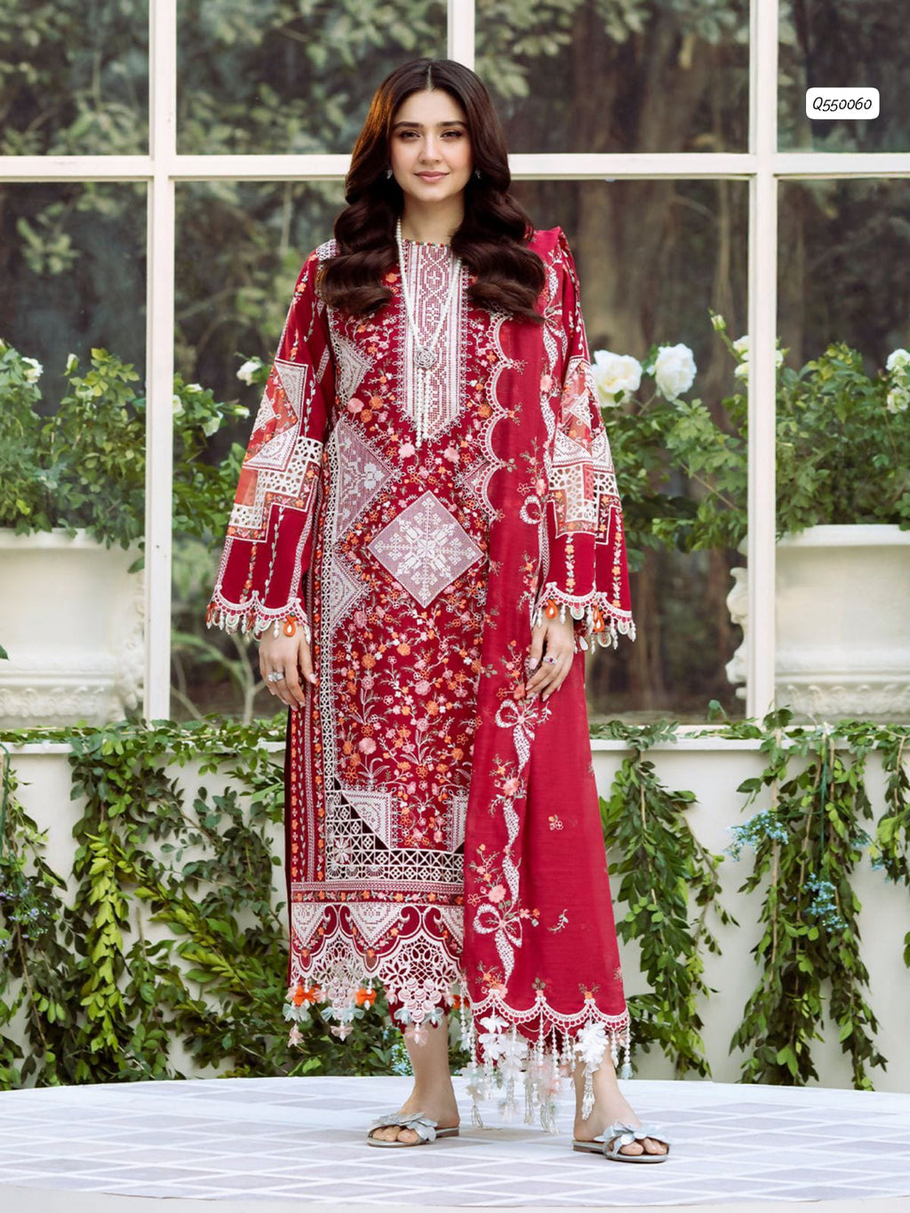 Farasha Eid Collection – Fully Embroidered Lawn 3Pc Suit with Bamber Chiffon Dupatta & Laser Cut Sleeves
