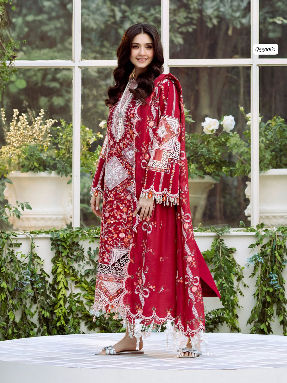 Farasha Eid Collection – Fully Embroidered Lawn 3Pc Suit with Bamber Chiffon Dupatta & Laser Cut Sleeves