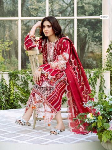 Farasha Eid Collection – Fully Embroidered Lawn 3Pc Suit with Bamber Chiffon Dupatta & Laser Cut Sleeves