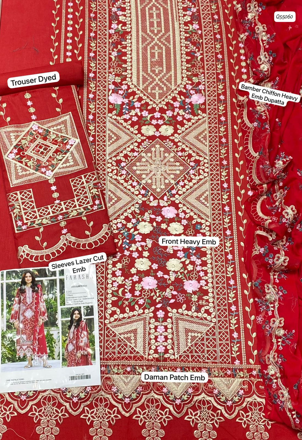 Farasha Eid Collection – Fully Embroidered Lawn 3Pc Suit with Bamber Chiffon Dupatta & Laser Cut Sleeves