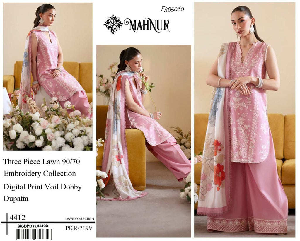 MAHNUR Airjet Lawn Embroidered 3PC Suit with Digital Voil Dobby Dupatta