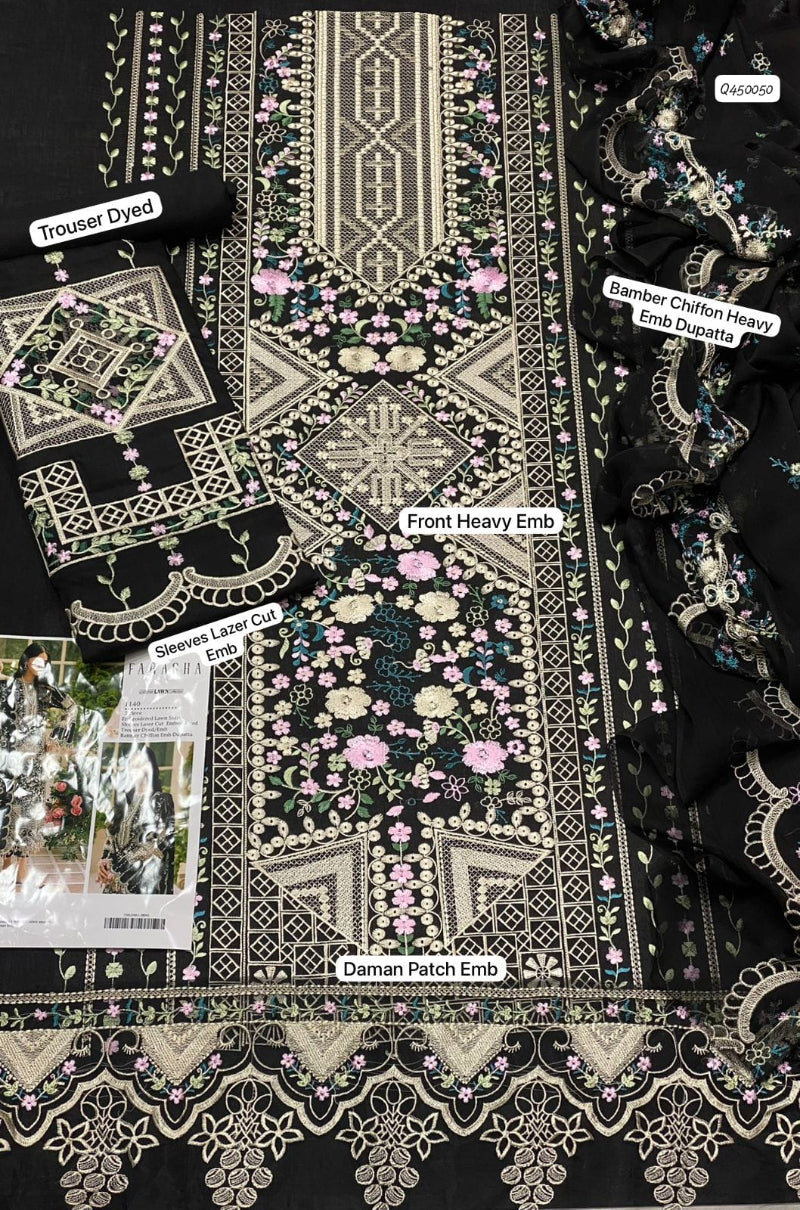 Farasha Eid Collection – Fully Embroidered Lawn 3Pc Suit with Bamber Chiffon Dupatta & Laser Cut Sleeves